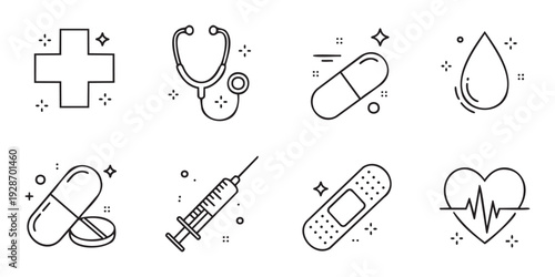 Comprehensive collection of essential medical healthcare line icons depicting various tools, treatments, and symbols suitable for modern digital applications and informational resources