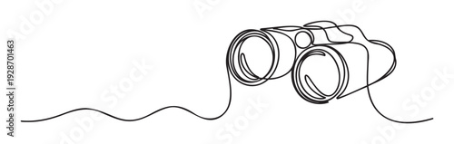 Continuous line drawing of binoculars representing vision and exploration, suitable for travel, discovery, or observation related presentations and marketing materials.