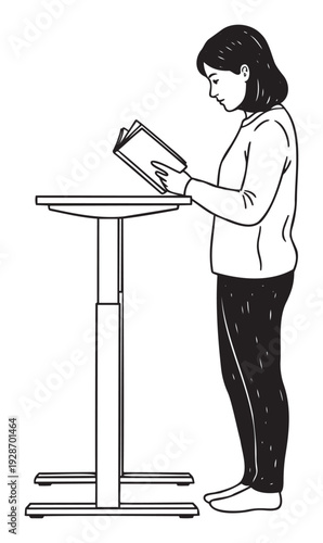 Dedicated woman standing at an ergonomic height adjustable desk while intently reading a book, ideal for illustrating modern office productivity, wellness concepts, and flexible work