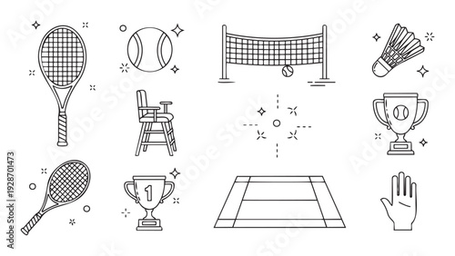 Detailed outline icons representing tennis and badminton game elements ideal for sports event promotions, athletic club branding, and active lifestyle content.