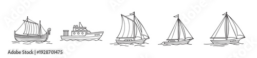 Diverse collection of maritime vessels, featuring ancient sailing ships, classic sailboats, and a modern motorboat, ideal for travel, history, and nautical themed graphic projects.