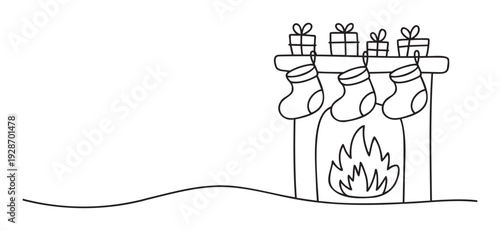 Minimalist line drawing of a cozy holiday fireplace adorned with hanging Christmas stockings and wrapped presents on the mantelpiece, perfect for festive seasonal greeting designs and