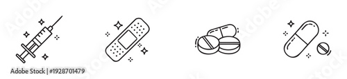 Essential healthcare line icons set featuring a syringe, a medical bandage, various pills and capsules, ideal for health and wellness applications and medical information graphics.