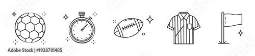 Sporting event linear icon set representing soccer ball, stopwatch, American football, referee shirt, and game flag, perfect for modern digital interface and sports application designs.