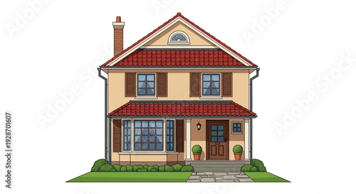 Two Story House with Red Roof Illustration.