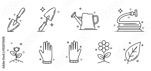 Simple line icons of gardening tools and nature elements, including shovels, watering can, garden hose, gloves, and plants for horticultural websites and outdoor activity guides.