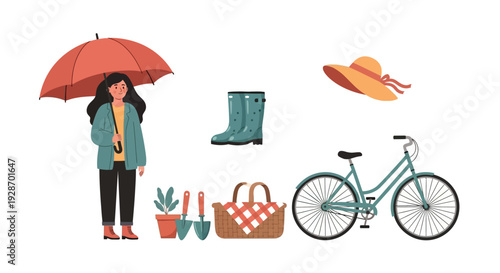 Woman with Umbrella and Outdoor Accessories.
