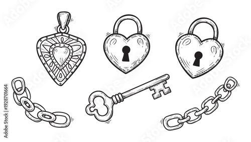 Hand drawn heart padlocks, an intricate key, and a unique pendant with chain sections symbolize security and enduring connections, perfect for romantic or historical themes.
