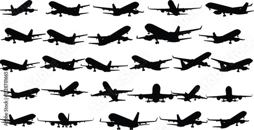 Airplane silhouettes vector collection, commercial jet aircraft flying takeoff and landing poses set, aviation transport illustration, modern passenger plane icons pack