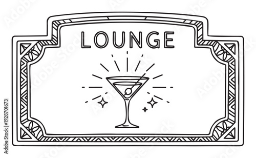 Elegant Art Deco lounge sign featuring a classic martini glass with radiant sparks and a sophisticated ornamental frame ideal for hospitality branding, event invitations, or themed decor.