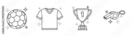 Collection of sports equipment line icons including a soccer ball, team jersey, champion trophy, and referee whistle, perfect for gamerelated graphic projects, app interfaces, or website