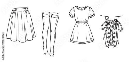 A collection of womens apparel outlines featuring a pleated skirt, knee high socks, a simple dress, and a decorative laced corset for style guides
