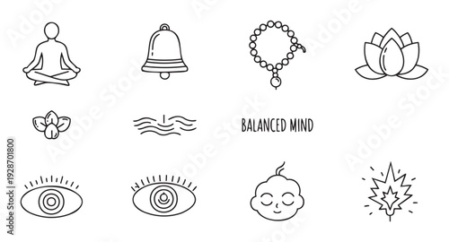 Collection of meditation and mindfulness line icons for spiritual practice and mental wellbeing applications featuring symbols of balance and enlightenment