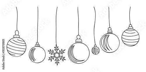 Elegant minimalist black line art of hanging Christmas tree ornaments and a snowflake creating a festive atmosphere, ideal for seasonal greetings, holiday marketing, or winter event