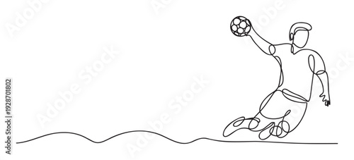Continuous line drawing of a dynamic male handball player jumping and throwing the ball during an intense sports match, perfect for athletic event promotions, fitness club branding, or
