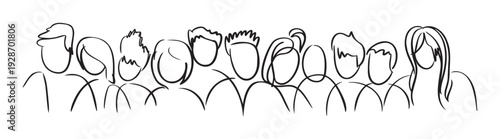 Community of diverse people depicted in a unified line drawing, representing connection, social gathering, and human interaction for various communication projects