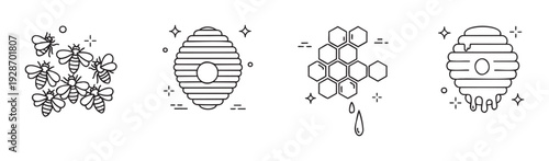 Explore essential bee and honey icons including flying insects, beehives, and dripping honeycomb cells, ideal for food packaging, natural product branding, and apiary educational materials.