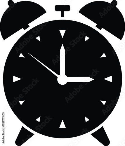 WebAlarm clock silhouette vector illustration, classic analog wake up clock icon, time management and punctuality concept, black and white design, 