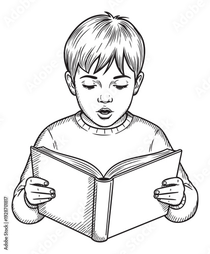 A focused young boy with short hair is deeply engaged in reading an open book, perfect for educational content, childrens literature promotions, and literacy awareness campaigns.