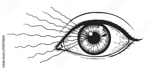 Close up drawing of an expressive human eye with emanating wavy lines symbolizing perception light vision or spiritual awareness perfect for metaphysical and abstract projects.
