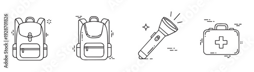 Essential travel and emergency preparedness gear represented by simple line icons including backpacks, a powerful flashlight, and a first aid kit for safety guides and outdoor adventure