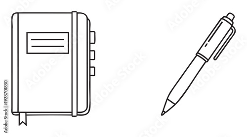 Simple black line drawing of a personal agenda notebook with a bookmark and a ballpoint pen, suitable for educational materials, business presentations, and everyday task management