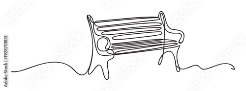 Minimalist continuous line drawing of a simple park bench, perfect for modern graphic design projects, branding elements, web graphics, or decorative print media.