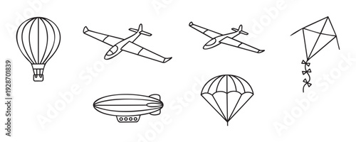 Outline icons of air transport and recreational flying objects including a hot air balloon, jet planes, an airship, a kite, and a parachute, ideal for aviation studies, travel promotions,