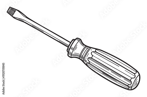 Classic flathead screwdriver line drawing perfect for DIY projects, workshop manuals, home improvement guides, and general hardware store branding