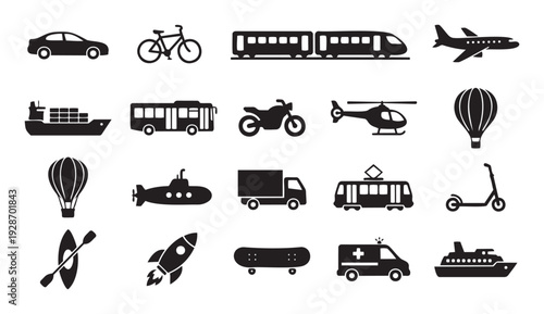 A large collection of transportation icons featuring various modes of land, air, and sea travel for modern infographics, educational materials, and logistical planning applications.