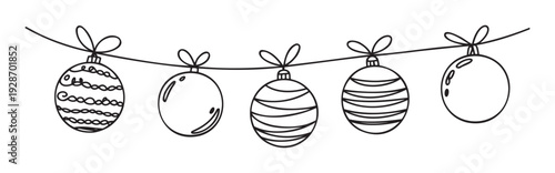 Five simple hand drawn black outline Christmas holiday ornaments hanging on a string with bows perfect for seasonal celebrations winter event greeting decorations or festive graphic projects