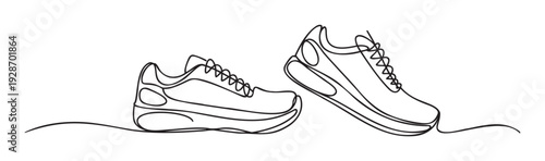 Minimalist continuous line drawing of two modern athletic running shoes perfect for sportswear branding fitness advertising or health and active lifestyle promotion graphics.