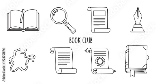 Set of minimalist line icons for book clubs and literature events featuring open book, magnifying glass, fountain pen, ink splat, and scroll documents, ideal for promoting reading and