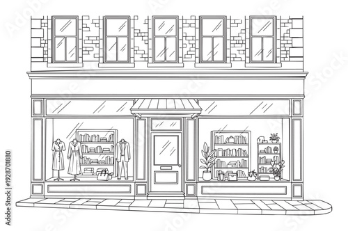 Line drawing of a classic storefront building featuring a detailed boutique shop with merchandise displayed in large windows, suitable for architectural studies, urban scenes, or retail