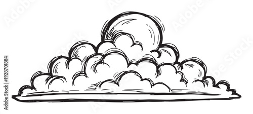 A dynamic handsketched black and white cloud formation with a prominent circular celestial body visible above a clear horizon, ideal for meteorology applications or engaging graphic print