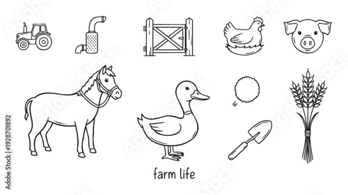A diverse collection of essential farm life elements including a tractor, horse, duck, chicken, pig, gate, shovel, and wheat, ideal for educational and agricultural projects.