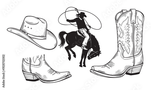 Iconic Western themed elements with a cowboy hat, classic boots, and a roping cowboy on horseback, suitable for country music, rodeo shows, or ranch lifestyle promotions.