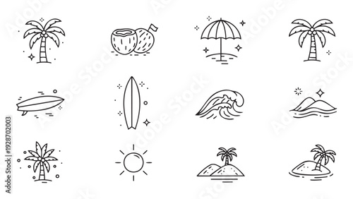 A collection of simple outline line icons depicting various tropical vacation and beach elements perfect for summer holiday marketing, travel agency promotions, and outdoor leisure
