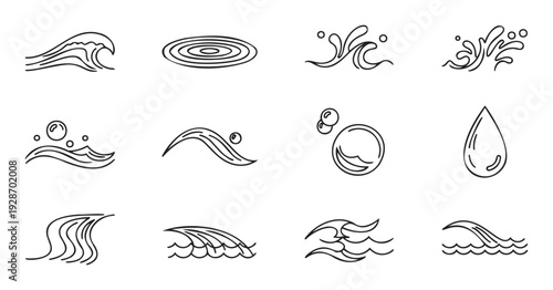 Collection of stylized water icons featuring dynamic waves, ripples, and drops for various liquid related graphic projects and environmental branding