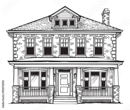 Classic two story brick residential house with a welcoming front porch and multiple windows, perfect for architectural design projects, real estate presentations, or home renovation