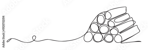 Continuous line drawing portraying a stylized stack of firewood, showcasing a minimalist and organic aesthetic, excellent for contemporary graphic elements, natural decor, or environmental