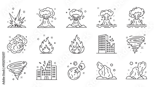 Dynamic outline icons illustrating natural disasters including volcanic eruptions, tornadoes, explosions, fires, and building collapses, suitable for safety resources and interactive
