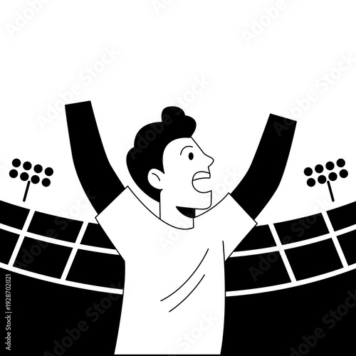 A fan cheering enthusiastically at a stadium during a sports game with arms raised