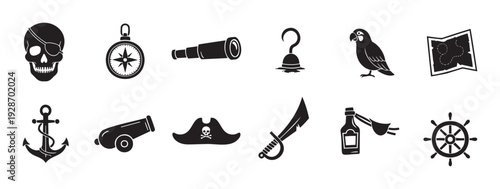 Collection of pirate themed objects perfect for adventure game assets or childrens book illustrations featuring maritime symbols and buccaneer gear