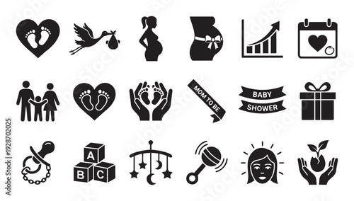 Collection of pregnancy and baby shower icons including pregnant women, baby footprints, storks, family, and toys, perfect for maternity announcements and infant care projects.