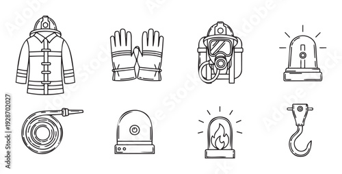 Collection of essential firefighter equipment and emergency warning signals for fire safety concepts and public awareness campaigns