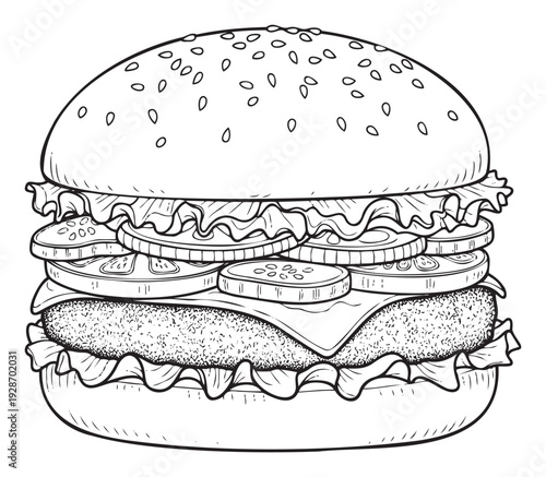 Black and white line drawing of a classic hamburger with a sesame seed bun, lettuce, tomato, patty, and cheese, ideal for foodthemed graphics, restaurant menus, or childrens coloring books.