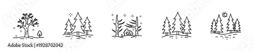 Minimalistic black outline tree and forest landscape illustrations ideal for nature themed graphic design projects environmental awareness campaigns or outdoor activity web graphics