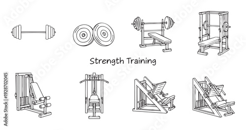A comprehensive collection of gym equipment illustrations for strength training workouts and fitness exercises, perfect for sports and healthrelated content