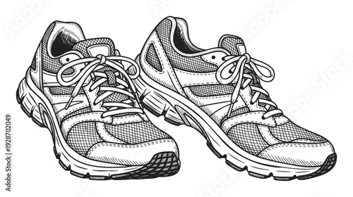 Dynamic athletic footwear in a handdrawn etching style perfect for conveying energy and motion in sports and active lifestyle promotions